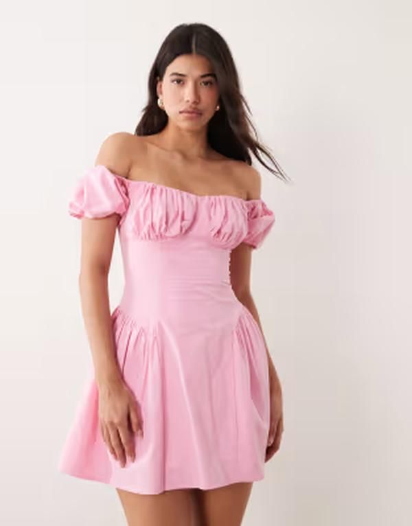 カイア レディース トップス ワンピース プリーツ ミニ コットン Kaiia exclusive cotton puff sleeve pleated hip detailing milkmaid
