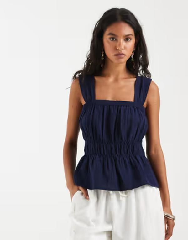 ピーシーズ レディース トップス ベスト シャーリング コットン PIECES wide strap cotton smocked top Maritime blue ブルー