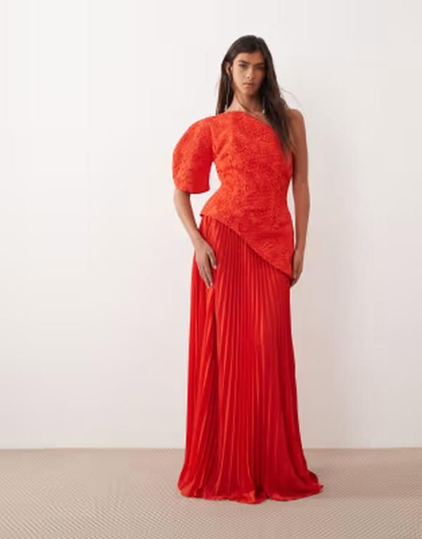 アレンジ レディース トップス ワンピース プリーツ 刺繍 マキシ ARRANGE one shoulder embroide red hybrid pleated maxi dress RED レッ