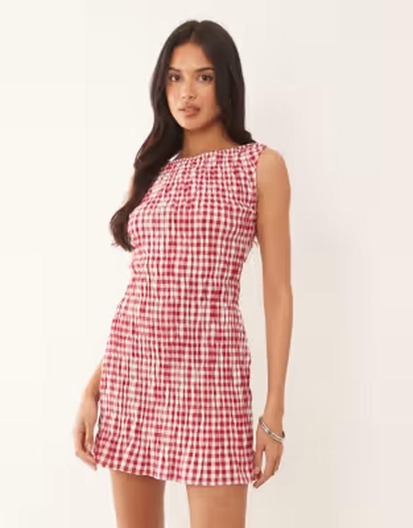 ザ・フロリック レディース トップス ワンピース ギンガムチェック ミニ ノースリーブ コットン ギンガム The Frolic exclusive cotton blend shir red sle