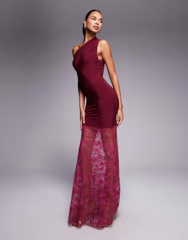 カイア レディース トップス ワンピース アシンメトリー シアー スカート レース マキシ Kaiia exclusive double laye red slinky twist off shoul