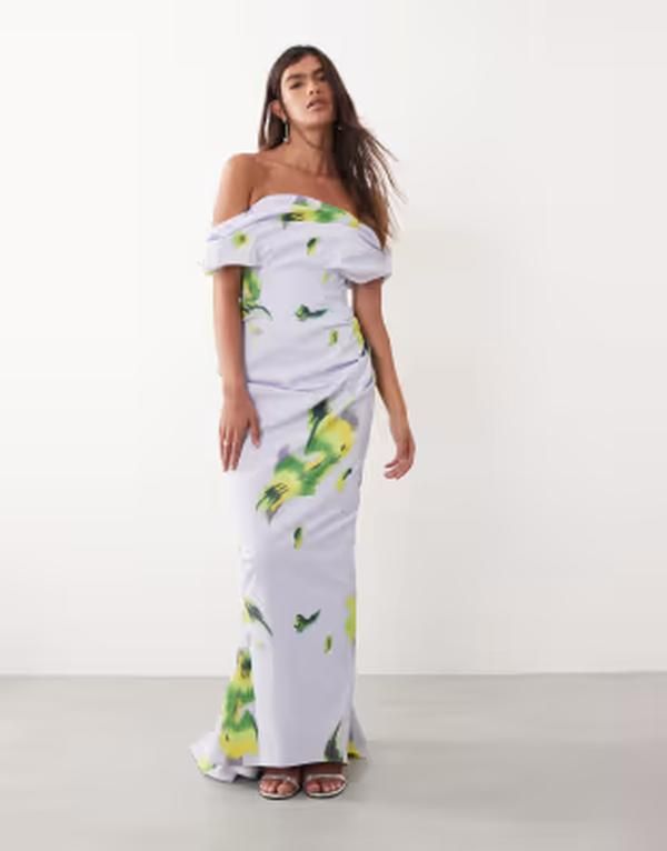 アレンジ レディース トップス ワンピース フラワー柄 プリント ギャザー ストラップレス マキシ フラワー ARRANGE ruched strapless maxi dress in lilac
