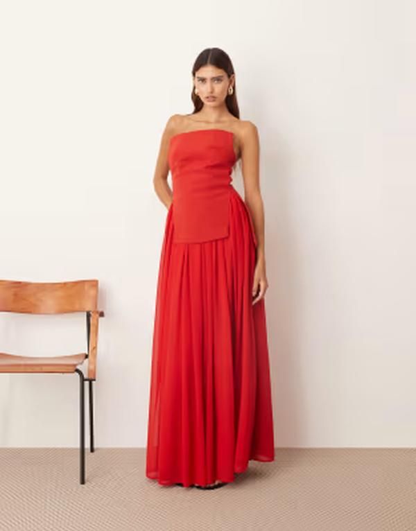アレンジ レディース トップス ワンピースカート マキシ ARRANGE structu red bandeau maxi dress with voluminouskirt RED レッド