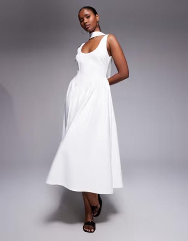 カイア レディース トップス ワンピース マキシ Kaiia Exclusive scoop neck scarf detail dropped basque waist maxi dress WHI