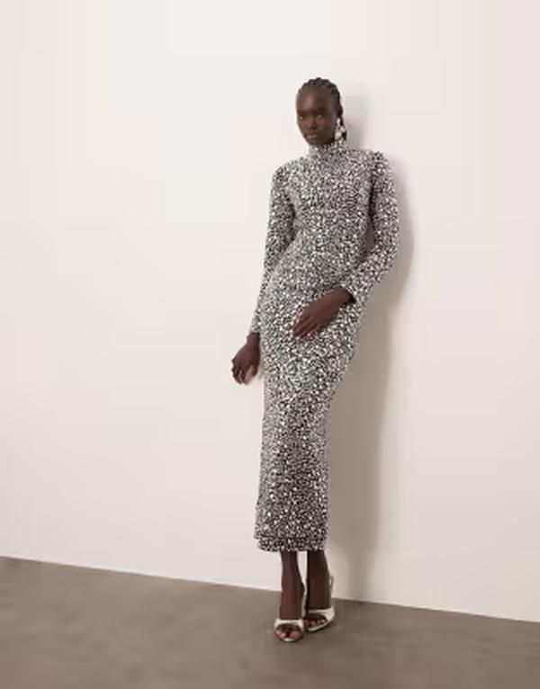 アレンジ レディース トップス ワンピース ハイネック スパンコール マキシ ARRANGE textural sequin high neck long sleeve maxi dress Blac