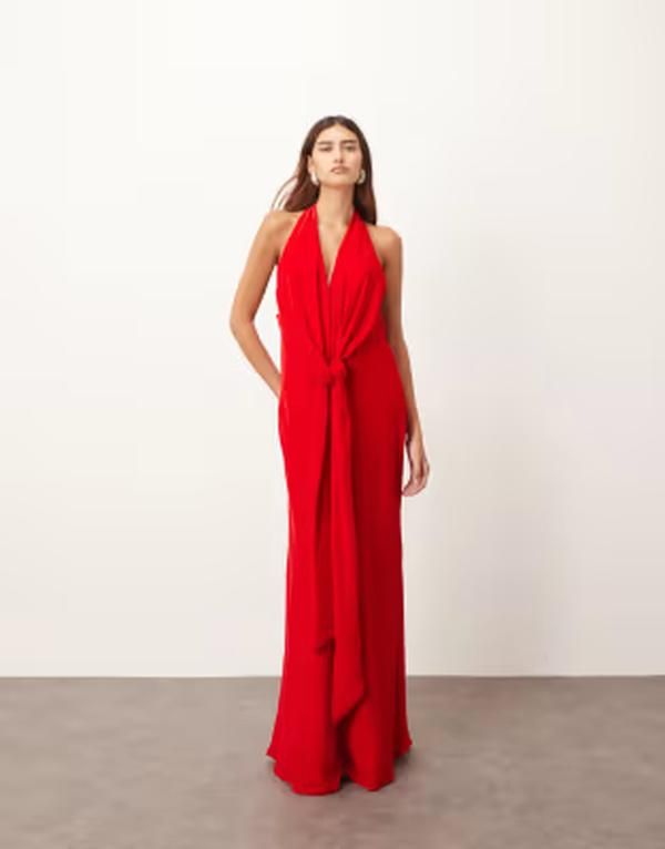 アレンジ レディース トップス ワンピース ベルベット マキシ ホルター ARRANGE halter neck plunge velvet maxi dress with tie detailing