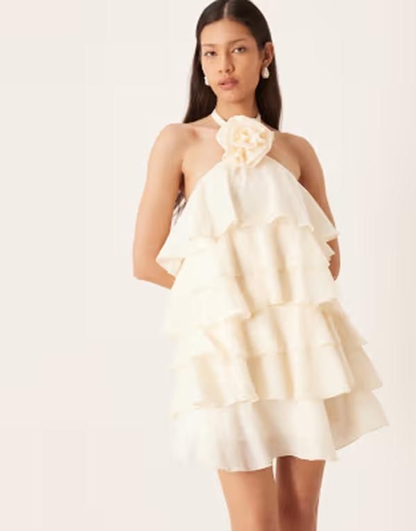 プリティラヴィッシュ レディース トップス ワンピース フリル ミニ ホルター Pretty Lavish Bridal corsage detail halter neck mini dress w