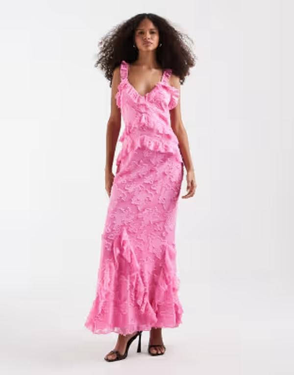 プリティラヴィッシュ レディース トップス ワンピース マキシ Pretty Lavish devore frill detail cami maxi dress Peony Pink ピンク