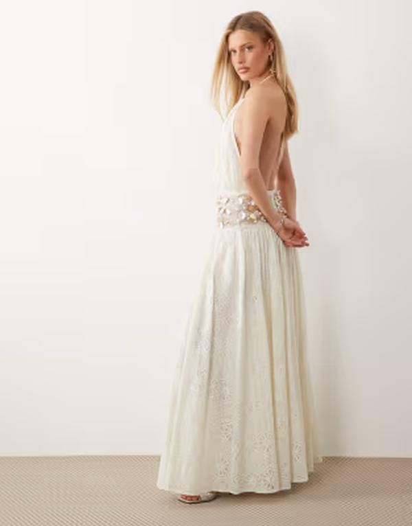 エイソス レディース トップス ワンピース マキシ ASOS LUXE crochet maxi dress with embellished waist detail CREAM クリーム