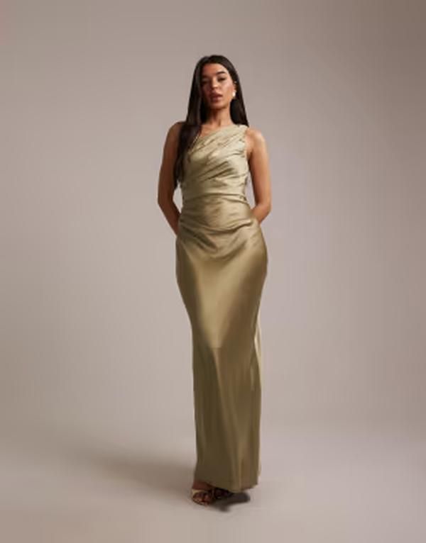 プリティラヴィッシュ レディース トップス ワンピース サテン マキシ Pretty Lavish Bridesmaids Juliet satin gathe red one shoulder ma