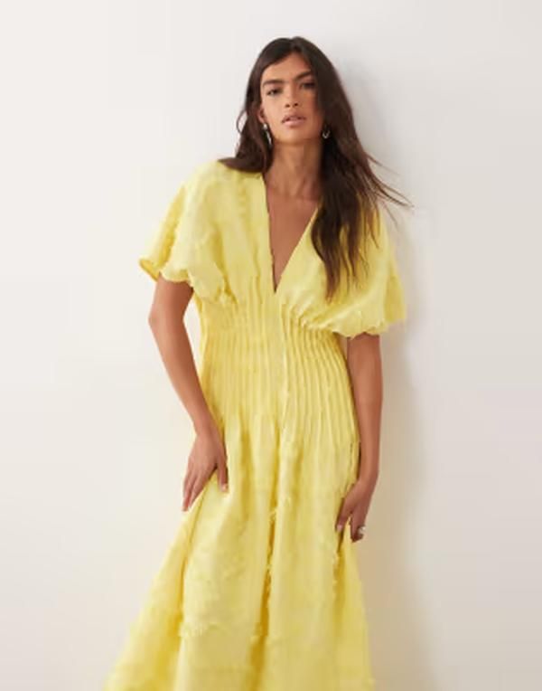 アレンジ レディース トップス ワンピース マキシ ARRANGE textu red pintuck maxi dress in yellow イエロー