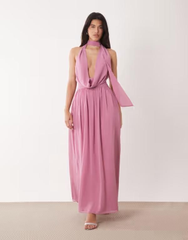 アリアコーブ レディース トップス ワンピース シフォン マキシ Aria Cove chiffon deeplunge cowl neck wrap scarf detail maxi dress