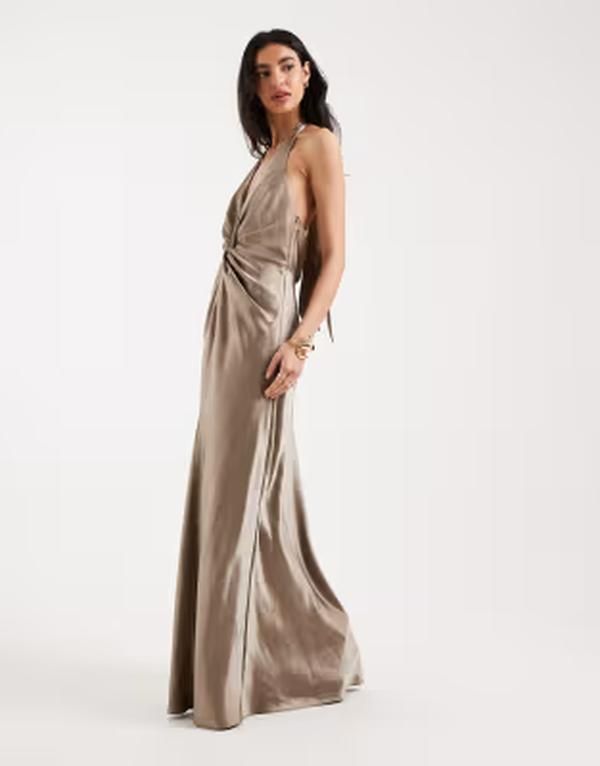 シックスストーリーズ レディース トップス ワンピース オープンバック サテン マキシ Six Stories Bridesmaidsatin plunge knot detail open back