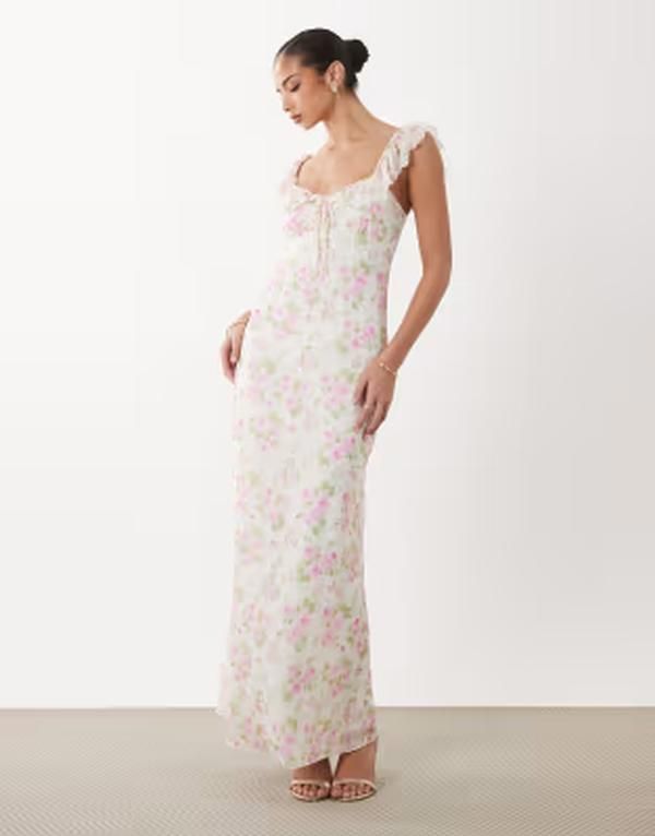 ジーナトリコ レディース トップス ワンピース プリント マキシ Gina Tricot frill maxi dress in multi flower print Pink flower ピンク