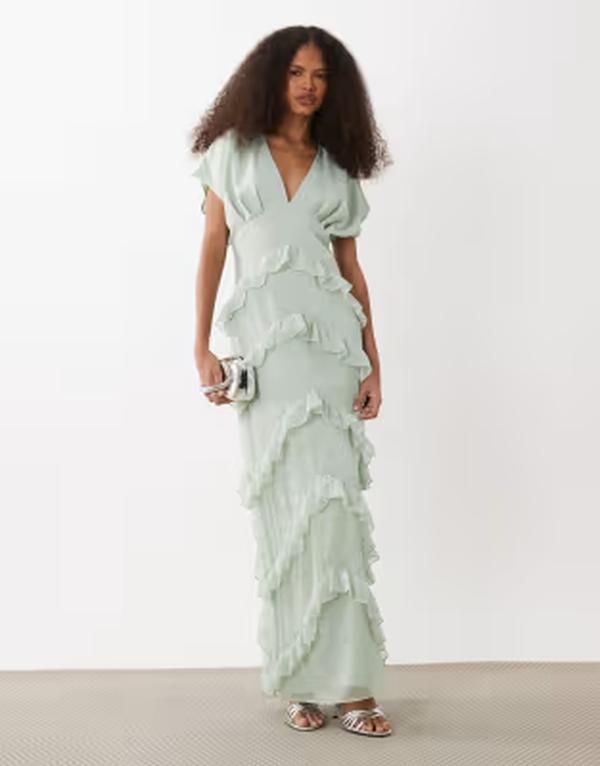 プリティラヴィッシュ レディース トップス ワンピース Vネック シフォン フリル マキシ Pretty Lavish chiffon Vneck ruffle maxi dress in sage
