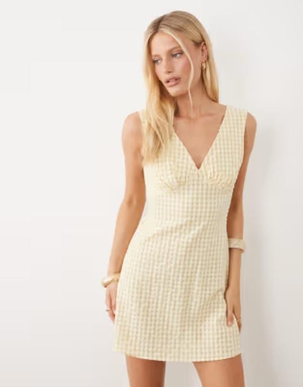 エイソス レディース トップス ワンピース Vネック ギンガムチェック ミニ ギンガム ASOS DESIGN v neck mini dress in cream gingham CREAM GIN