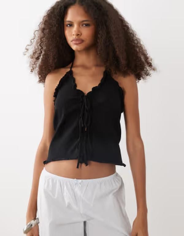 マンゴ レディース トップス ベスト Tシャツ ノースリーブ ニット Mango Teen knitted tie front sleeveless top Black ブラック