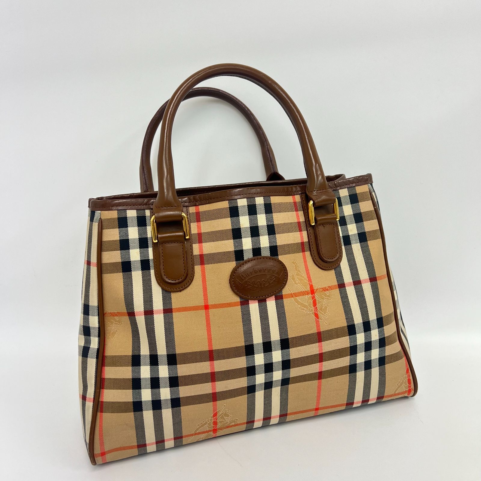 【美品/シャドーホース】Burberrys バーバリー トートバッグ ハンドバッグ ノバチェック キャンバス レザー ブラウン 茶 ゴールド金具 レディース