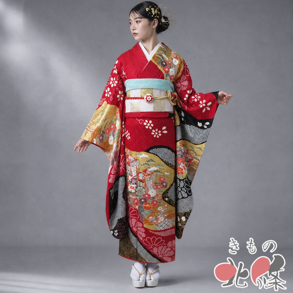 振袖 着物 中古 成人式 結婚式 正絹 金駒刺繍 絞り 花の図 御車 地模様 赤色 黒色 多色 金 身丈158cm 裄68cm M きもの北條 A1381-10