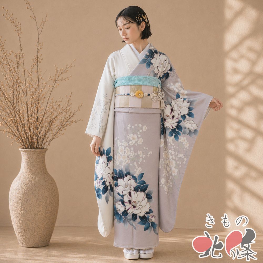振袖 着物 中古 成人式 結婚式 正絹 花の図 桜 椿 地模様 乳白色 茶鼠色 多色 金 身丈174.5cm 裄70.5cm L トール きもの北條 A1381-6
