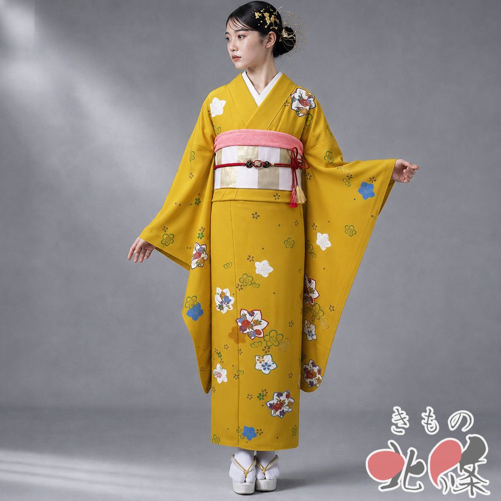 振袖 着物 中古 成人式 結婚式 結納 正絹 花の図 山吹色 多色 金 身丈160.5cm 裄64.5cm M きもの北條 A1381-3