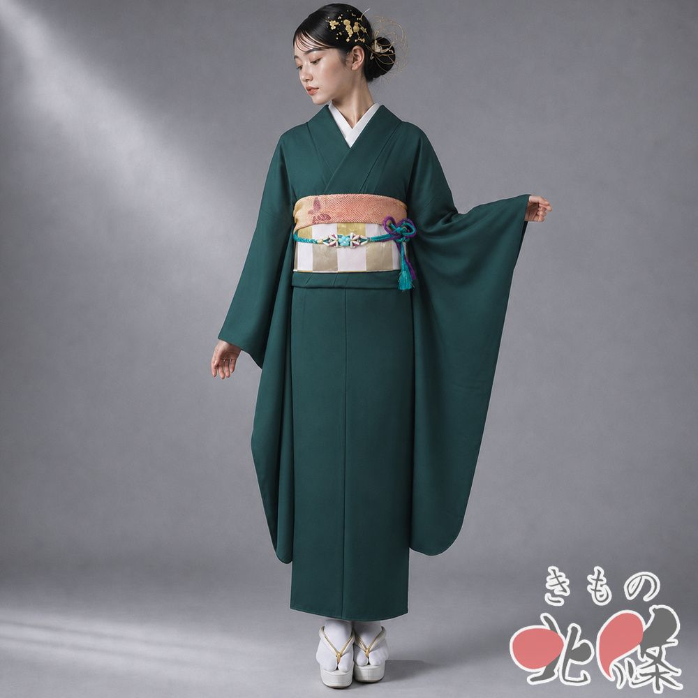 振袖 色無地 着物 中古 成人式 結婚式 結納 正絹 千歳緑色 身丈160cm 裄66cm M ワイド きもの北條 A1381-4