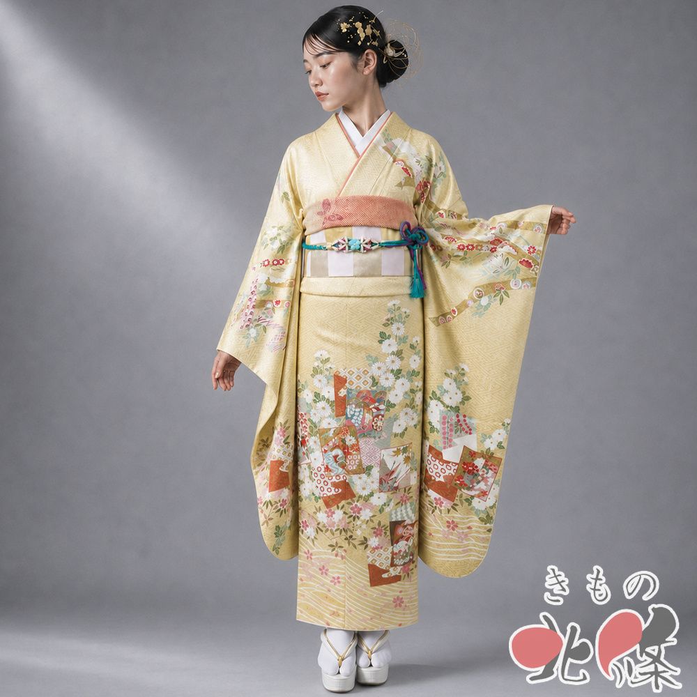 振袖 着物 中古 成人式 結婚式 正絹 金駒刺繍 花の図 色紙 地模様 淡黄蘗色 多色 金 身丈168cm 裄68.5cm L トール きもの北條 A1381-1