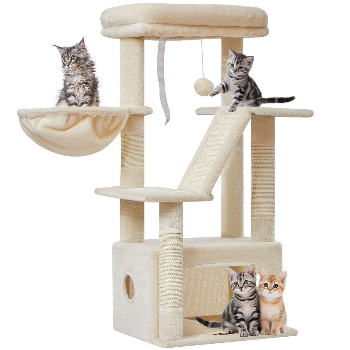 Taoqimiao キャットタワー 高さ98cm 低め ミニ 室内用 子猫向け キャットタワー 超スリム 省スペース 据え置き型 転倒防止付き 高い安定性 天然麻紐の猫の爪とぎボード 運動不足解消 調節可能ハンモックバスケット 猫ハウス サイ b3138fcb