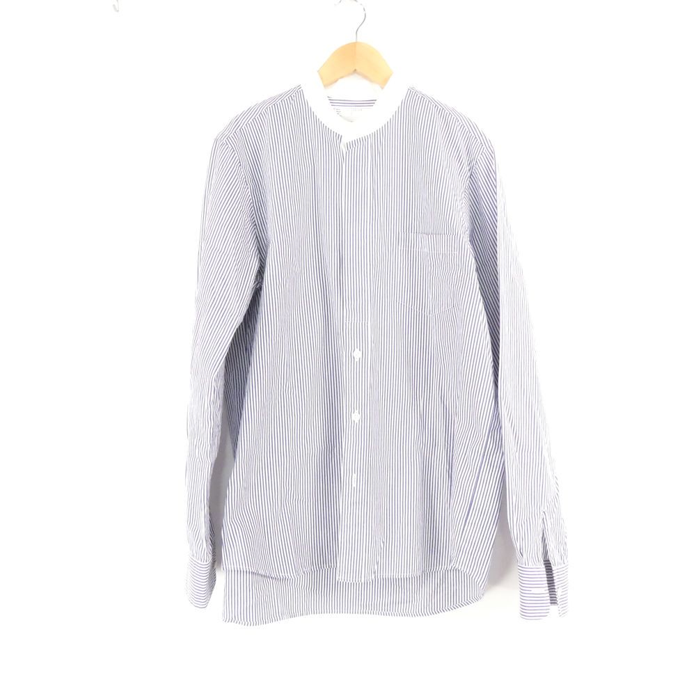 美品 sacai サカイ 15-00806M 長袖シャツ 2 Mサイズ相当 コットン100％ ホワイト×ブルー ストライプ バンドカラー メンズ AO4323A77