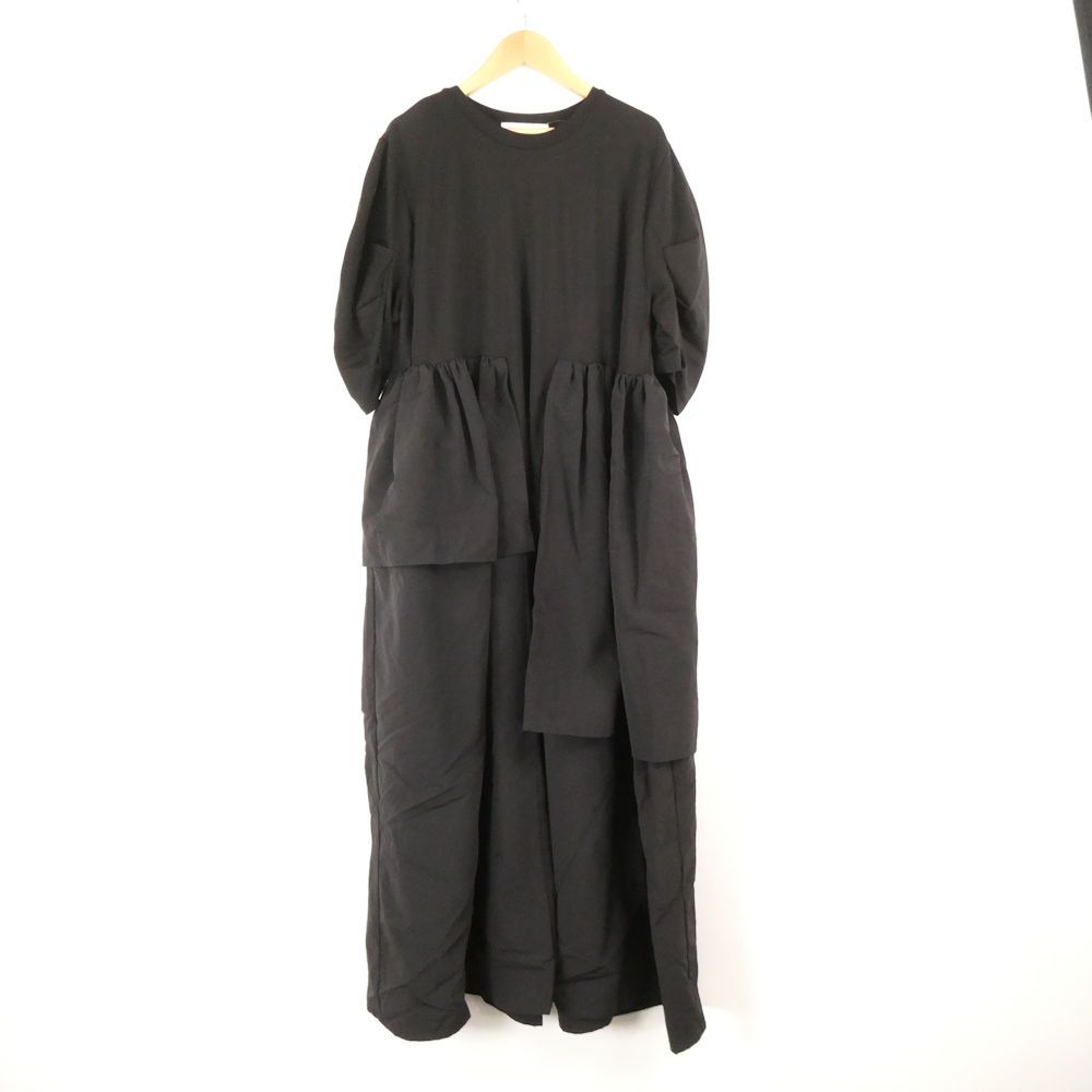 美品 HeRIN.CYE ヘリンドットサイ 30IST83-1261-1 Tuck sleeve docking dress シャツワンピース 36 Sサイズ相当 レーヨン他 半袖 ロング フリル 異素材ドッキング レディース AO4329A77