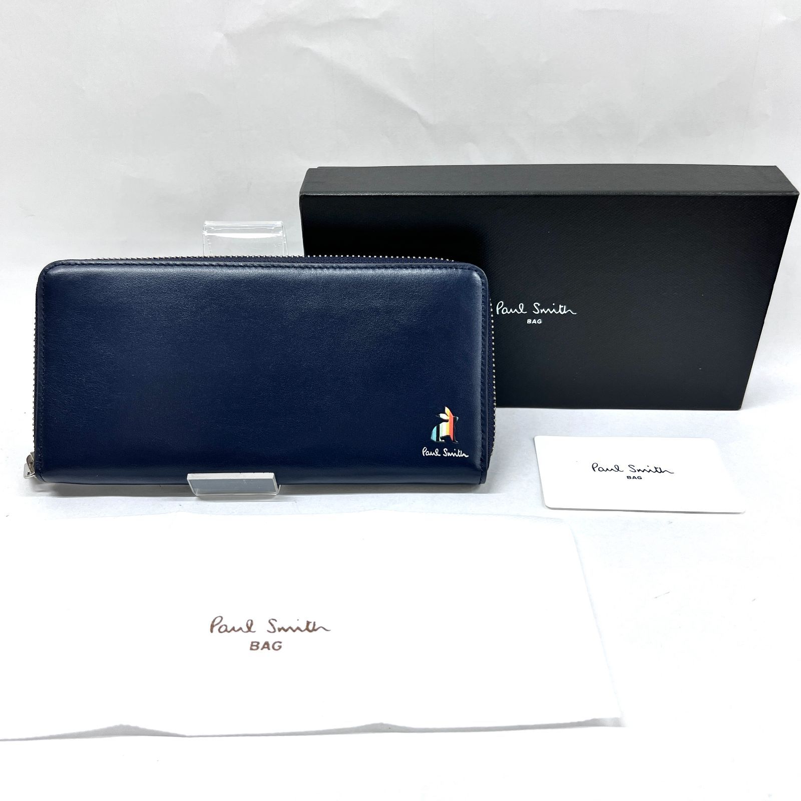 SD8140 新品未使用！ Paul Smith ポールスミス マーケトリーストライプ ラビット ラウンドファスナー長財布 ロングウォレット BPS657 ネイビー レザー