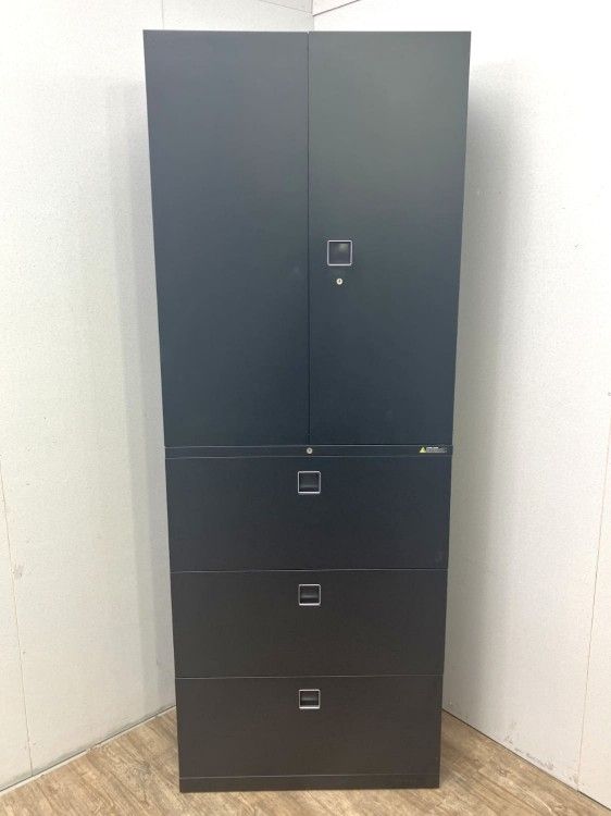 【中古品】オカムラ レクトラインシリーズ 3段ラテラル・両開き上下書庫 ブラック