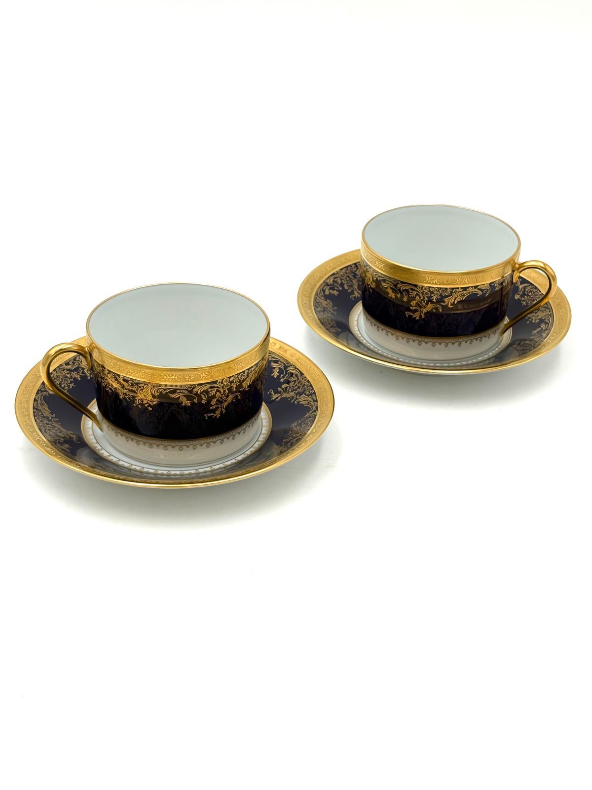 【未使用保管品】アビランド　Haviland　リモージュ　Limoges　ポンパドールブルードフール　カップ＆ソーサー　金彩　2客セット