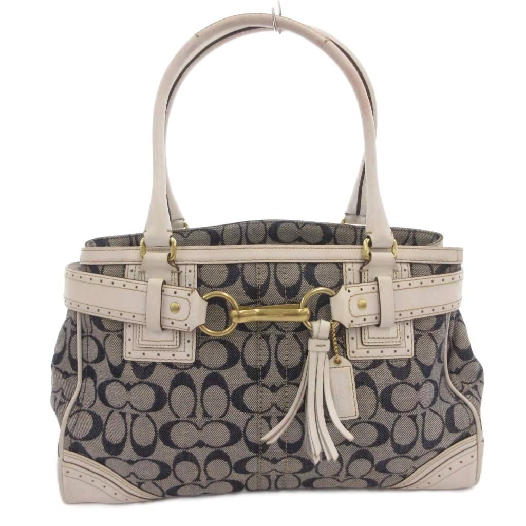 コーチ COACH ハンドバッグ 手提げ 肩掛け シグネチャー柄 キャンバス レザー ゴールドの馬具風バックル グレー /FF