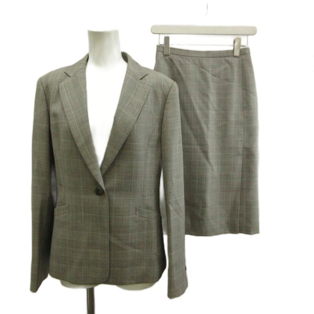 アクアスキュータム AQUASCUTUM スーツ ジャケット スカート セットアップ 絹 シルク グレー チェック柄 シングルボタン 長袖 /PP