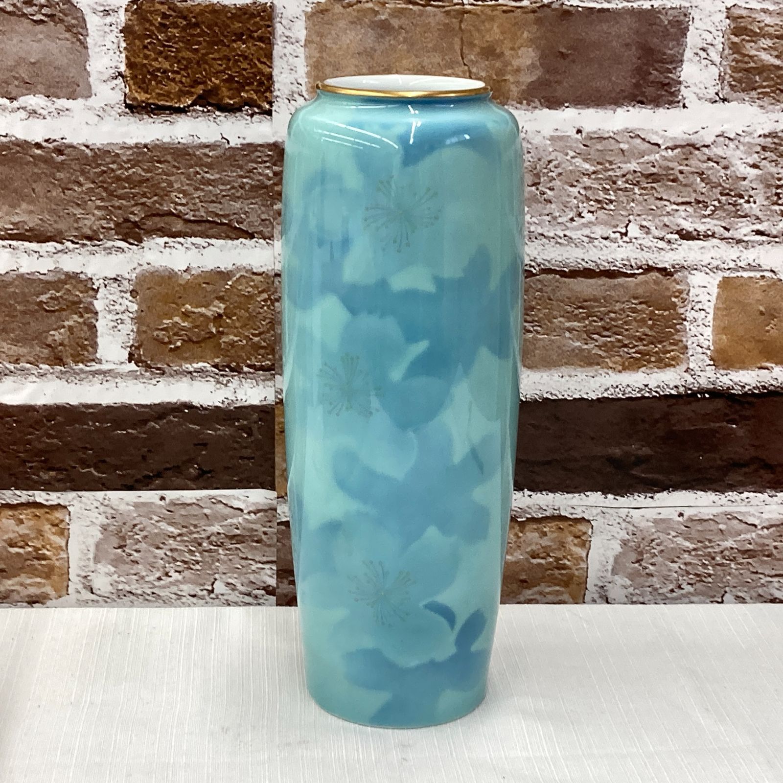 深川製磁 色絵彩磁 ブルーフラワー 9号 花器 花瓶 花入れ 木箱付 現状