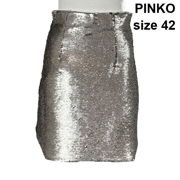 □ ピンコ PINKO スパンコールタイトスカート ミニ丈 タック バックファスナー 変形ヘム シルバー色 42 M～L 9-11号 レディース S6F486