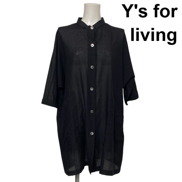 ◇ ワイズフォーリビング Y's ロングシャツ シャツワンピース 七分袖 スタンドカラー シアー 黒 綿100％ M～L 9～11号 レディース S6F481