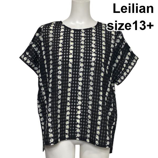 □ レリアン Leilian プルオーバーブラウス シャツ 半袖 クルーネック 花柄 シアー チェック 黒 白 黄色 13+ XL 13号 レディース S6F560