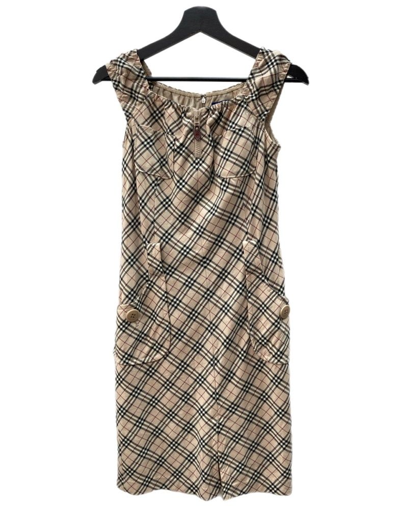 バーバリー Burberry ブルーレーベル BLUE LABEL ノバチェック柄 ノースリーブワンピース ウール ギャザー デザイン Y2K トレンド レトロ 三陽商会 日本製 BEIGE 総柄 ベージュ サイズ38 104LT-521
