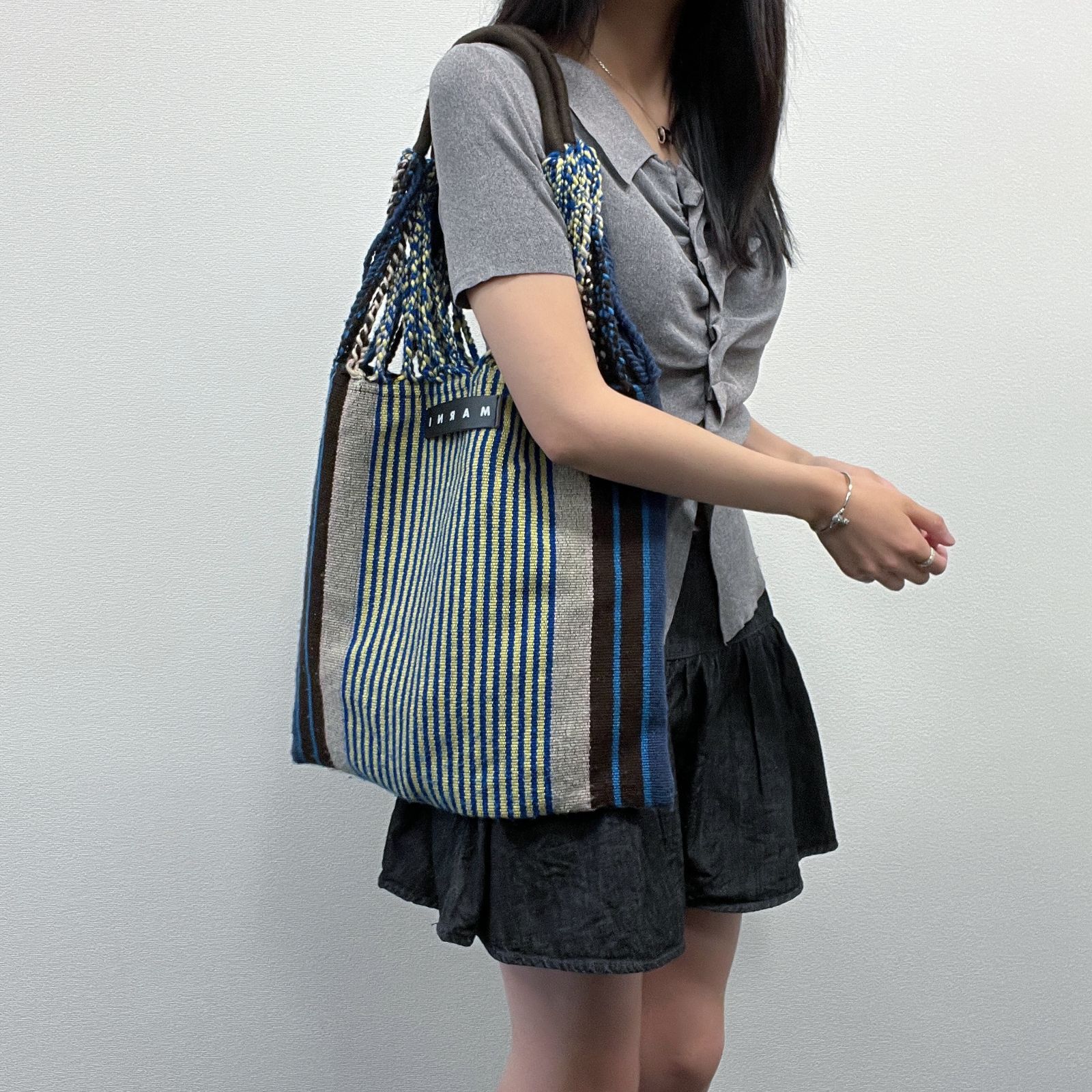中古】MARNI マルニ ストライプ ニット ロープハンドル トートバッグ