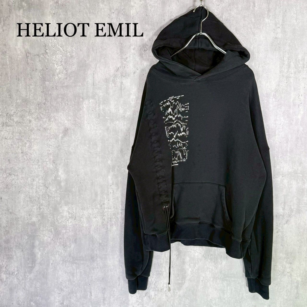 『HELIOT EMIL』エリオットエミル（L）ドローコード付き プリントプルオーバー パーカー