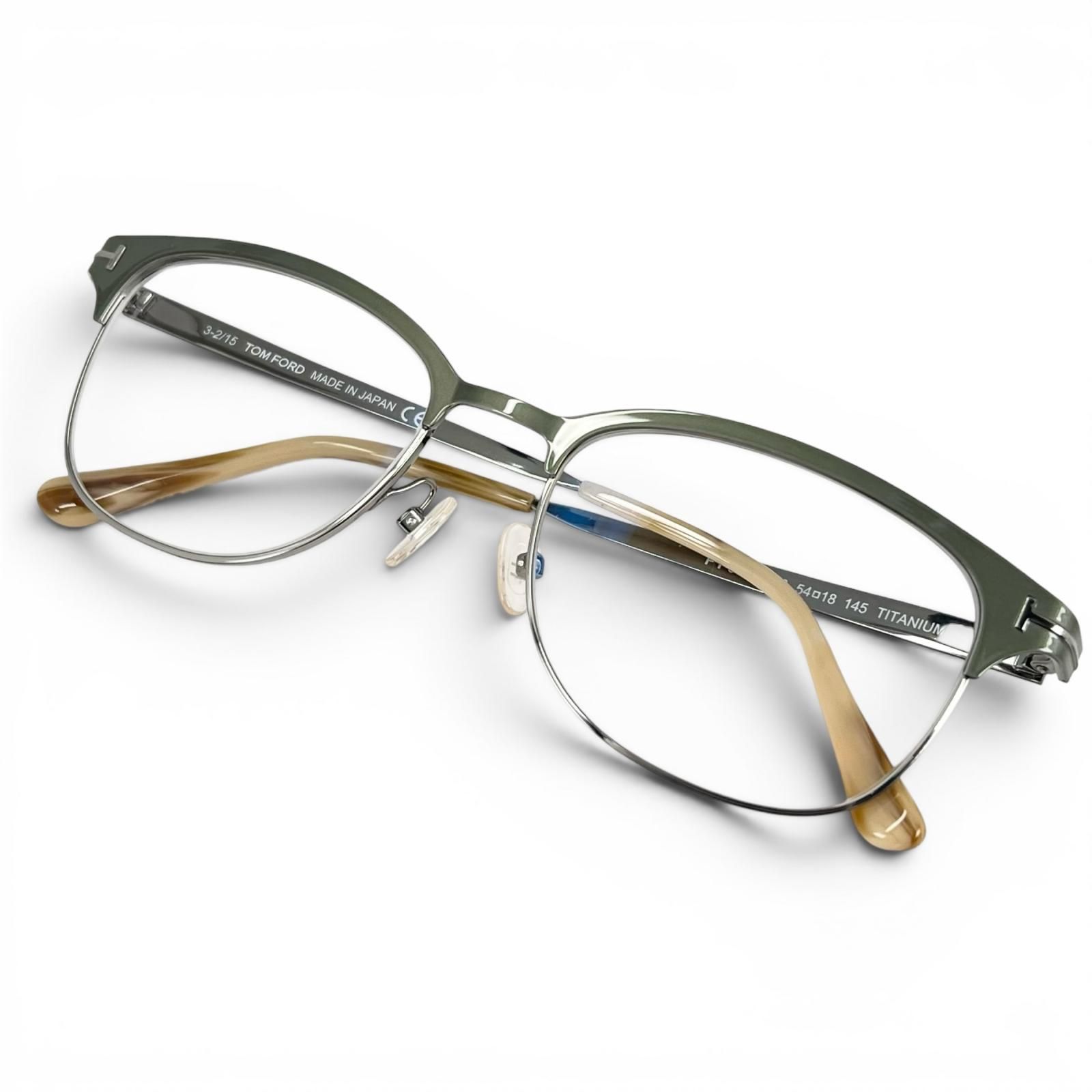 極美品▲TOM FORD トムフォード FT5381 チタン サーモント メガネ 眼鏡 アイウェア シルバー カーキ 54⬜︎18 145 日本製 メンズ