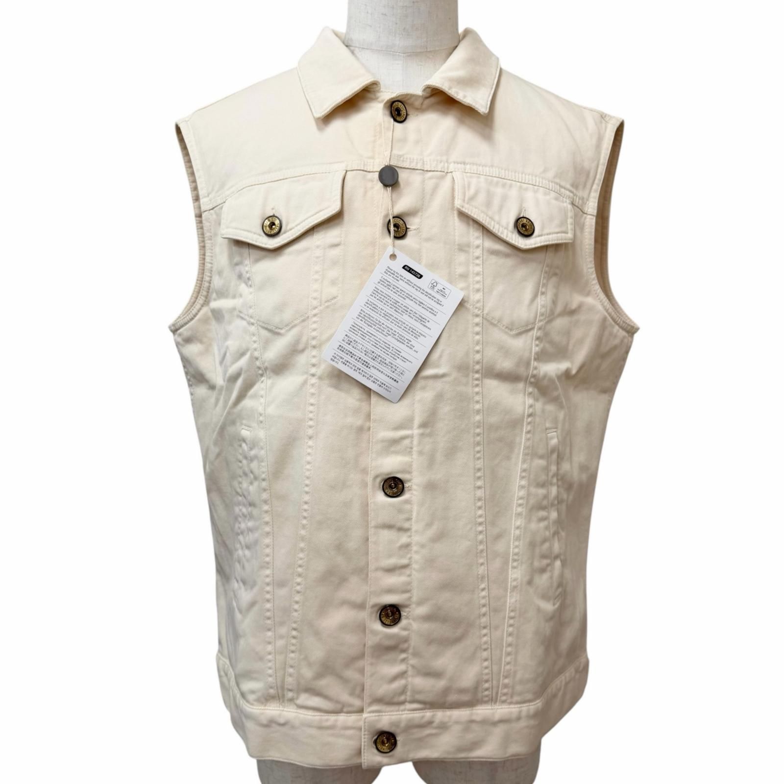 極美品□Brunello Cucinelli ブルネロクチネリ コットン ロゴボタン デニムベスト ジレ アイボリー M イタリア製 メンズ オススメ◎