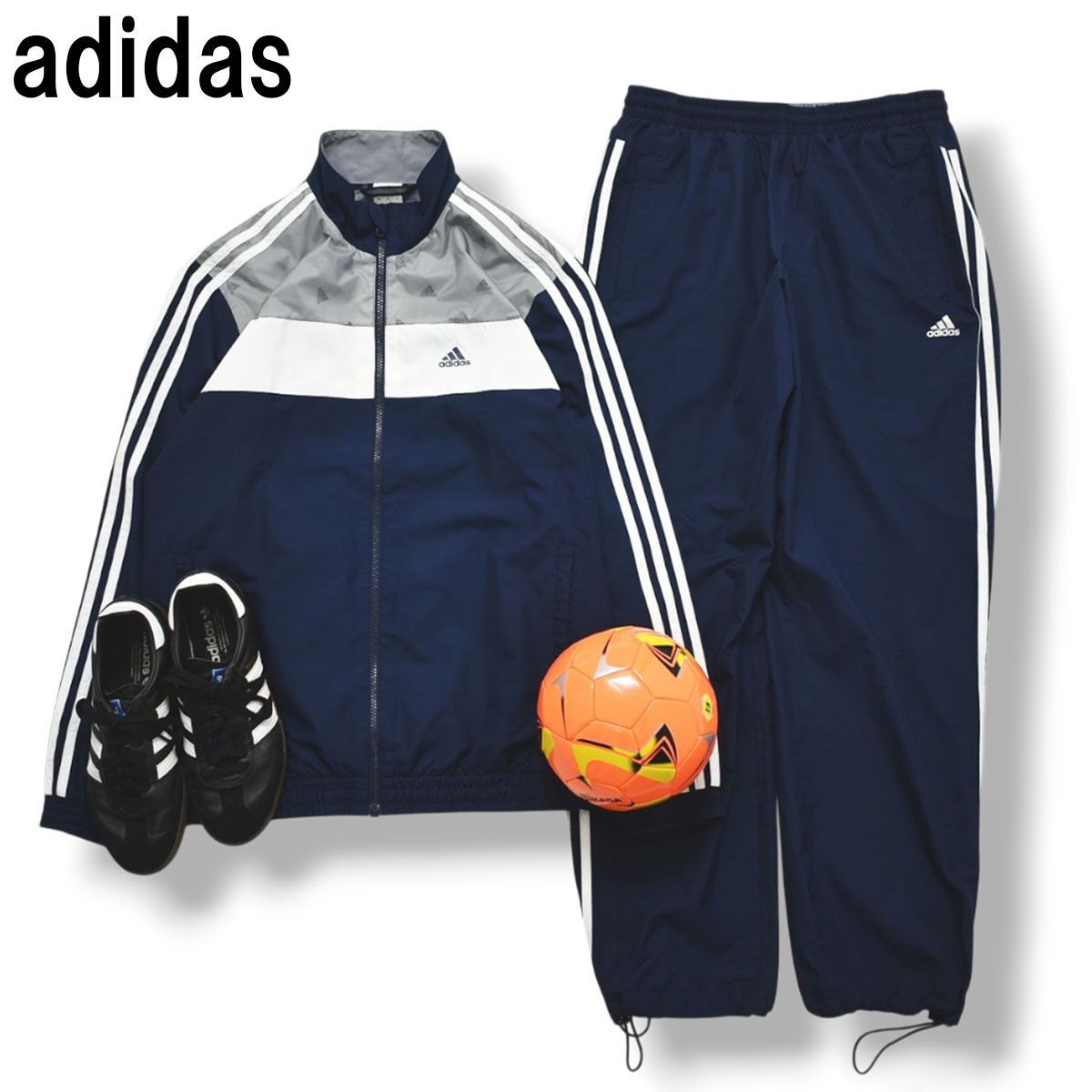 アディダス adidas ウィンド ウェア セットアップ 上下 ジャケット x パンツ 裏地 メッシュ パフォーマンス ロゴ スリーストライプス L ネイビー x グレー スポーツ ウェア メンズ