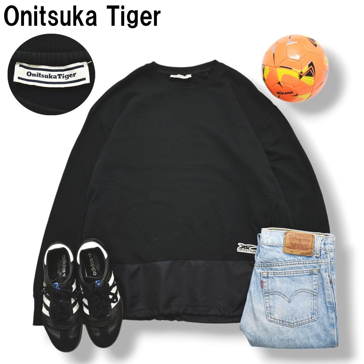 オニツカタイガー Onitsuka Tiger クルーネック スウェット トレーナー ナイロン 切替 パイル 裏地 ドローコード L ブラック スポーツ ストリート ビッグシルエット メンズ
