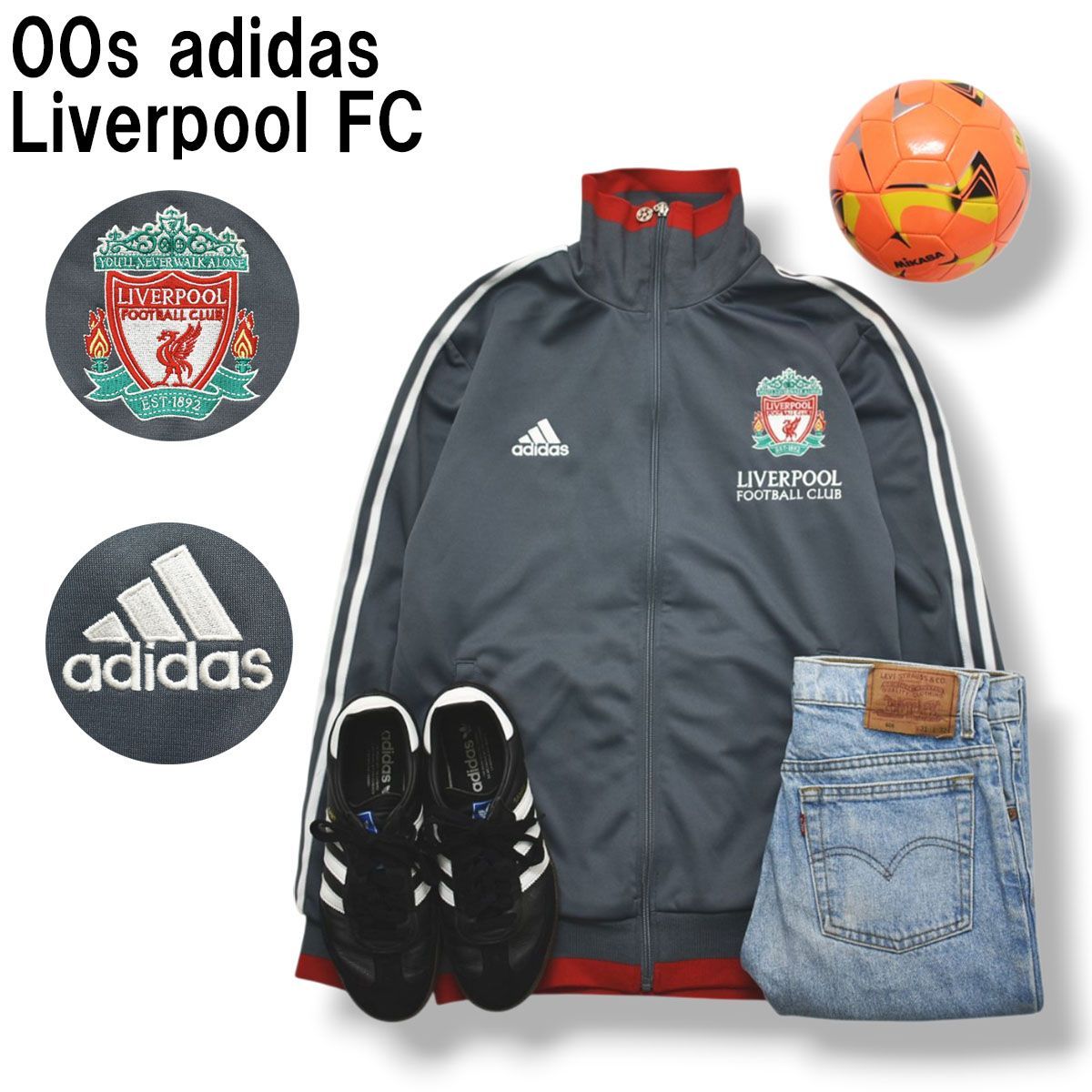 00s ヴィンテージ アディダス adidas リヴァプール Liverpool FC トラック ジャケット ジャージ スリーストライプス エンブレム ロゴ O グレーxレッド プレミアリーグ メンズ