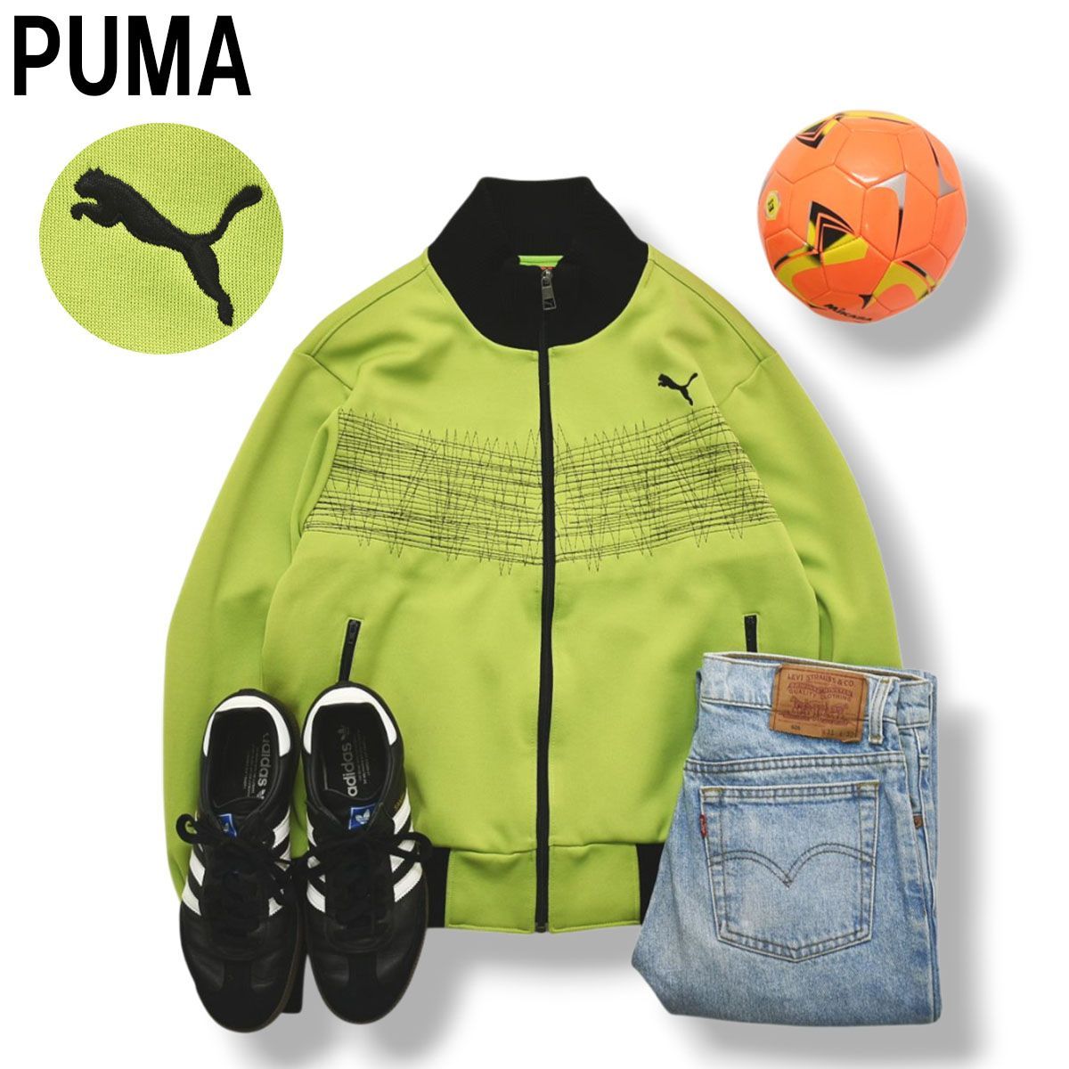 日本製 プーマ PUMA トラック ジャケット ジャージ ジップアップ ジャンパー スタンドカラー リペア デザイン L ライトグリーン スポーツ ストリート カジュアル ウェア メンズ