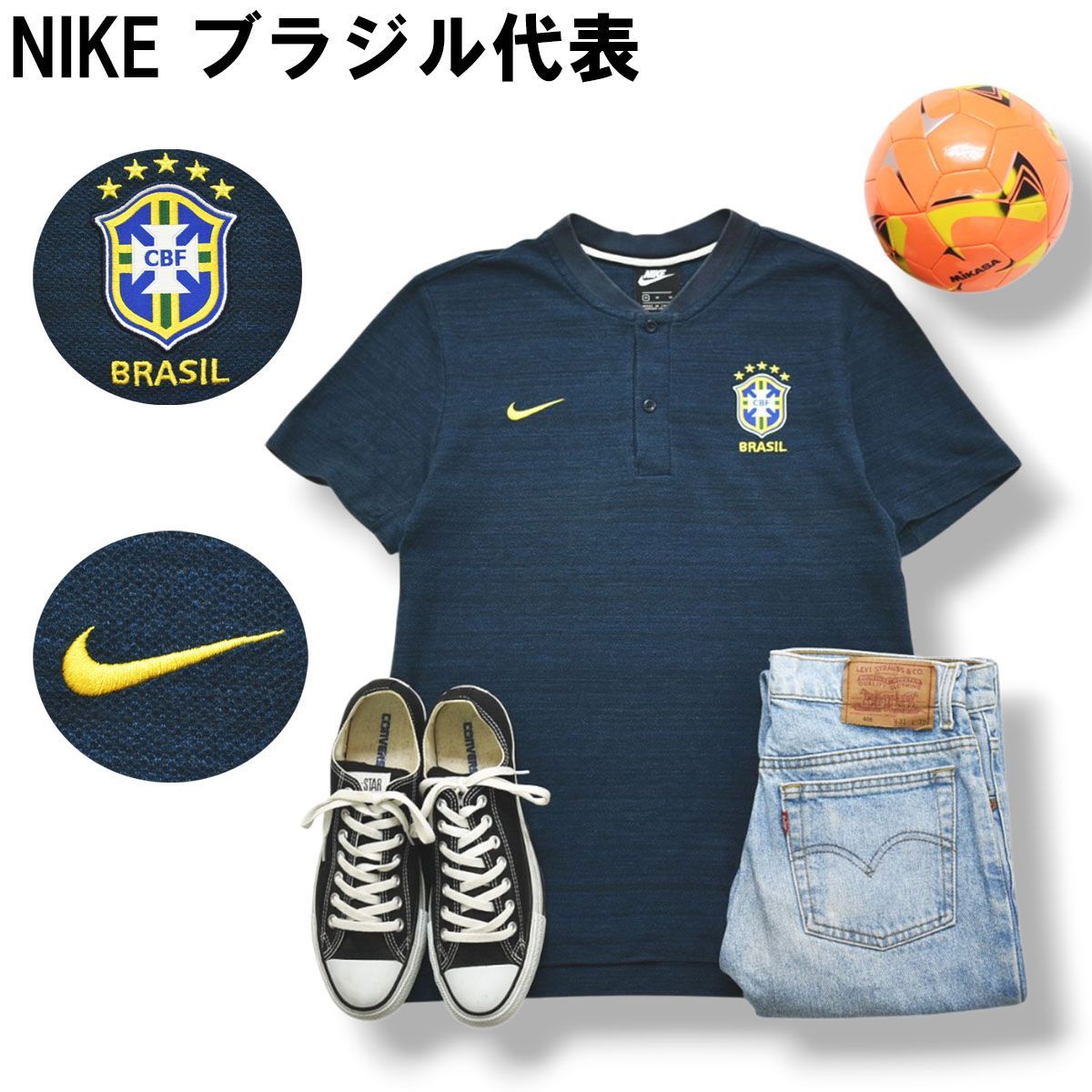 ナイキ NIKE ブラジル代表 半袖 鹿の子 ポロシャツ サイドスリット エンブレム スウッシュ ロゴ M ネイビー サッカー フットボール スポーツ カジュアル ウェア メンズ
