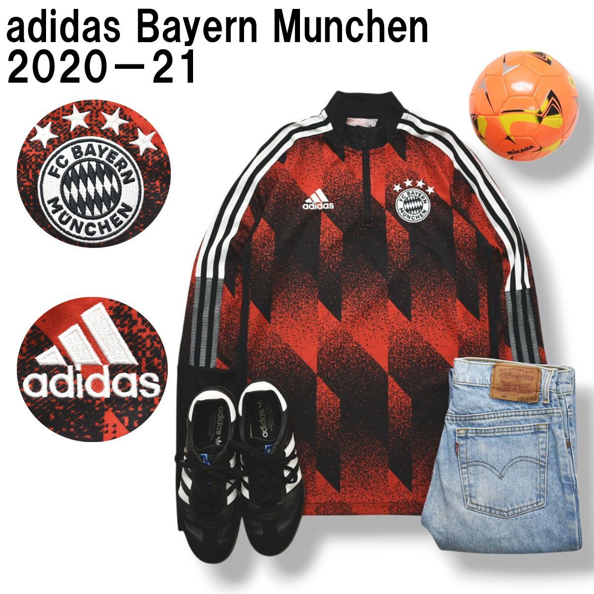 【美品】 アディダス adidas バイエルン ミュンヘン Bayern Munchen 2020－21トレーニング トップ ジャージ AEROREADY M 総柄 レッドxブラック ブンデスリーガ メンズ